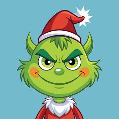 cartoon Grinch with bright yellow eyes and playful horns