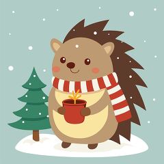 Cartoon hedgehog standing next to a small Christmas tree