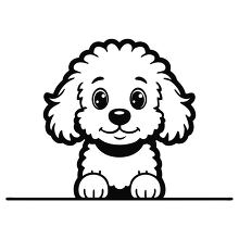 Cartoon line drawing of a happy poodle dog