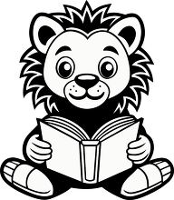 cartoon lion sitting while reading a book black outline drawing