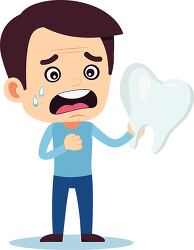 cartoon man with toothache holds a giant tooth clipart