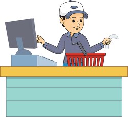cartoon of a cashier at the checkout counter giving change clip 