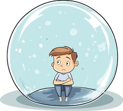 cartoon of a small boy sitting cross legged inside a giant bubble