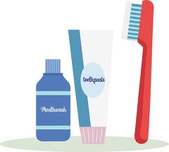 cartoon of a toothbrush toothpaste tube and mouthwash bottle