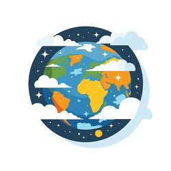 Cartoon of Earth at night with stars and clouds in a flat design