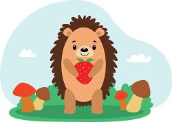 cartoon of hedgehog holding a strawberry surrounded by mushrooms