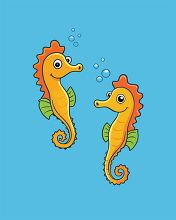 Cartoon of two yellow seahorses facing each other