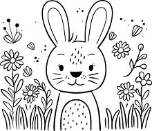 cartoon rabbit sits among wildflowers