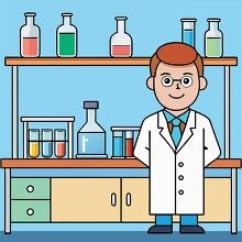 Cartoon scientist in a white lab coat surrounded by beakers and 