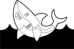 cartoon shark is swimming in the water mouth open black outline 