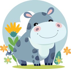 cartoon smiling hippo with spots on its body surrounded by plant