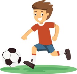 cartoon style clipart of a young boy running to kick a soccer ba