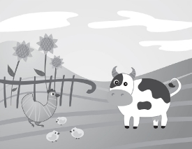 cartoon style cow with baby chickens on a farm gray color clipar