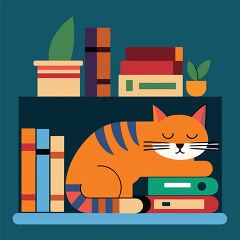 Cartoon style design featuring a serene cat and a vibrant stack 