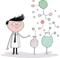 cartoon style drawing of a scientist surrounded by beakers