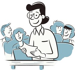 cartoon style line clipart of a teacher with students in the bac