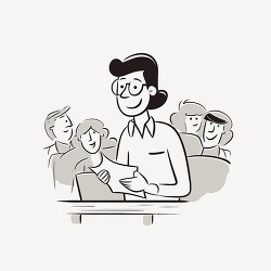 cartoon style line clipart of a teacher with students in the bac