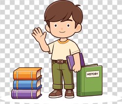 cartoon style of young boy stands next to books and waving with 