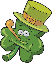 cartoon style shamrock wearing a hat with pipe clipart