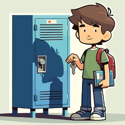 cartoon style teenage boy with messy hair stands next to a set o