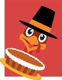 cartoon style turkey wearing hat holding thanksgiving pie