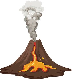 cartoon style volcano erupting with dark clouds lava flowing
