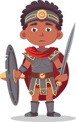 cartoon style young roman gladiator with shield and sword