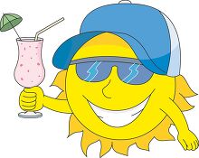 cartoon sun wearing sunglasses holding cold drink clipart