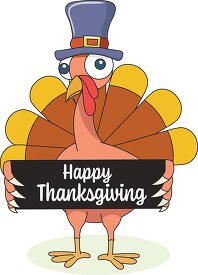 cartoon turkey holding happy thanksgiving sign clipart