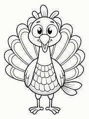 cartoon turkey with detailed feathers ready for coloring