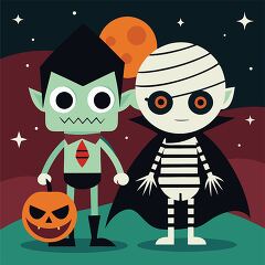 cartoon vampire and mummy duo ready for Halloween