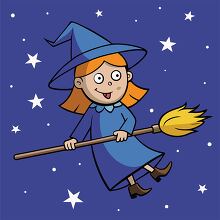 cartoon witch with big eyes and a pointy hat on a broom