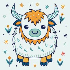 cartoon yak has a happy face and thick fur