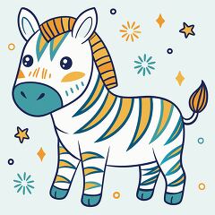 cartoon zebra has a friendly face and colorful stripes