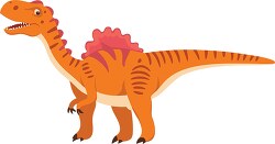 cartoonish dinosaur with sharp teeth and a red back frill stands