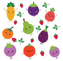 Cartoonish fruit figures with happy faces