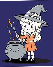 cat and witch stirs a bubbling cauldron clipart