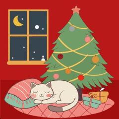 cat sleeping under the christmas tree animation