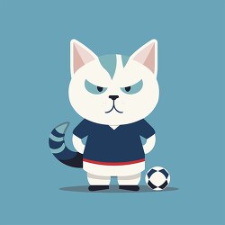 cat soccer player stands near a ball with a scowl look on its fa