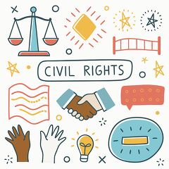 Colorful illustrations depict symbols of civil rights, featuring scales of justice, hands shaking, and light bulbs. The artwork captures the spirit of equality and social change.