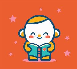 character holding in book orange background pink stars