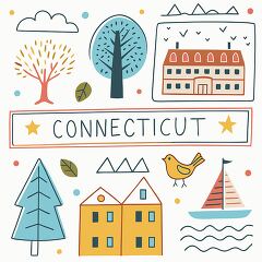 Illustrated Connecticut state clipart showcasing trees, buildings, and a sailboat, perfect for educational and design use