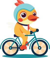 cheerful bird wearing a blue helmet with red feathers rides a bike