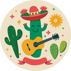 Cheerful cactus with a guitar and sombrero