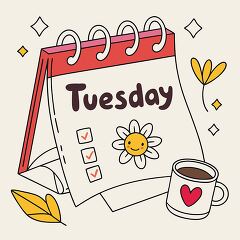 cheerful calendar for Tuesday with a coffee mug and flower doodles