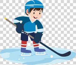 cheerful cartoon boy in blue hockey gear playing on ice with a s