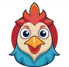 cheerful cartoon rooster with blue feathers a red comb