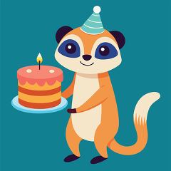 cheerful meerkat with dark eye markings holds a layered cake