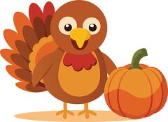 cheerful thanksgiving turkey stands beside a bright orange pumpkin