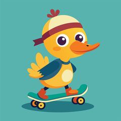 cheerful yellow duck rides a skateboard while wearing a hat